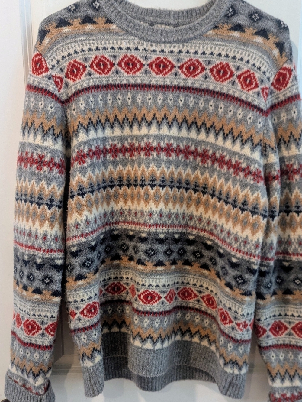 Cozy Fair Isle Knit Sweater in Gray, Red, Tan